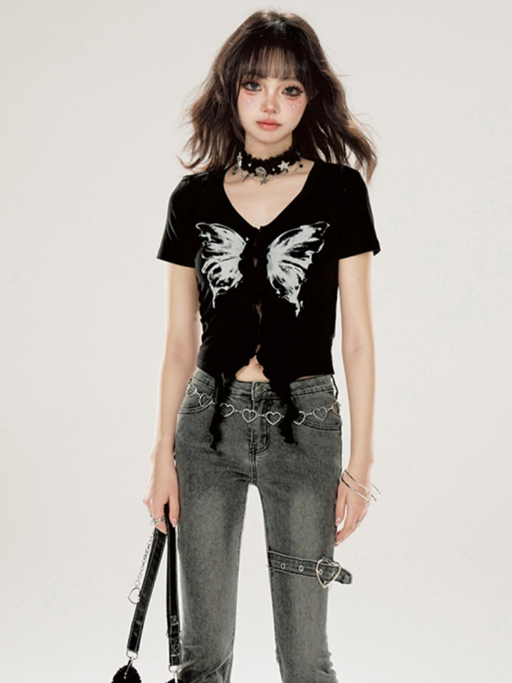 Y2K Black Butterfly Cropped T-shirt