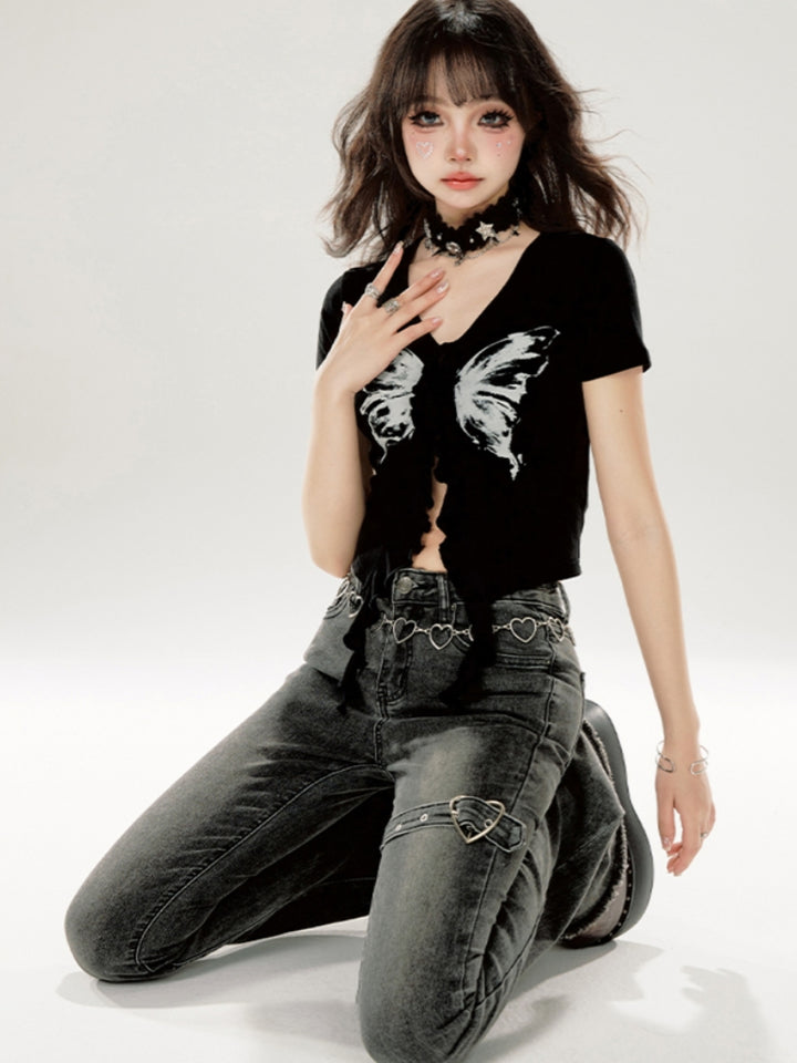 Y2K Black Butterfly Cropped T-shirt