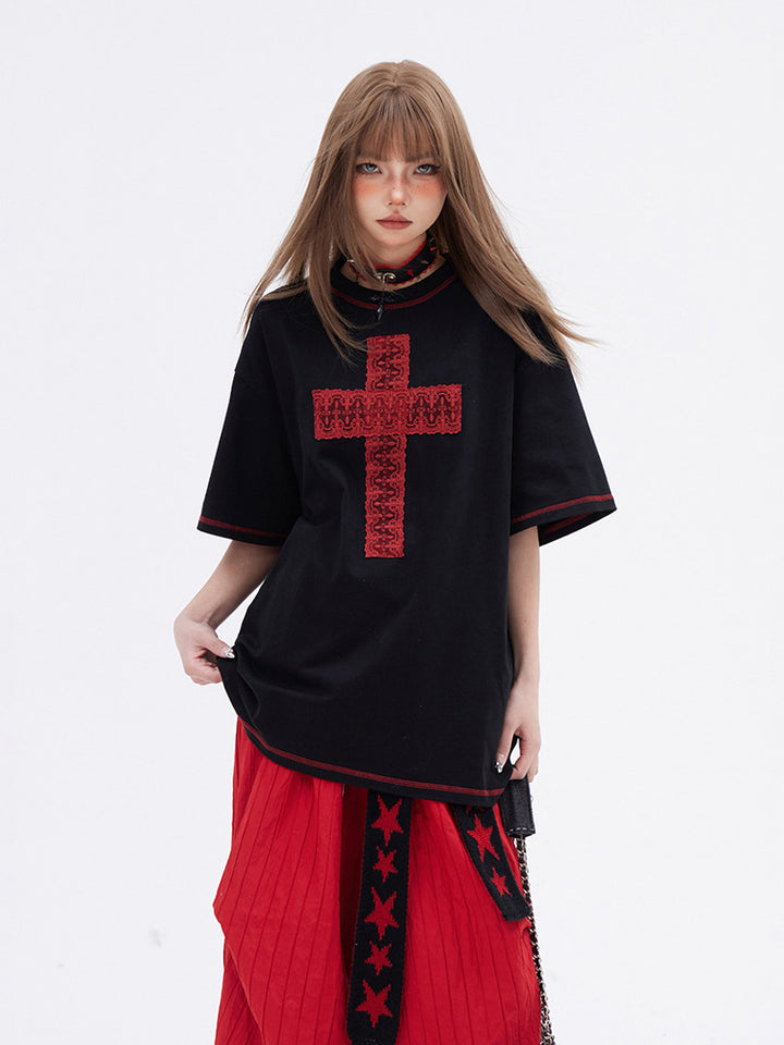 Cross Print Black Cotton Loose Fit T-shirt