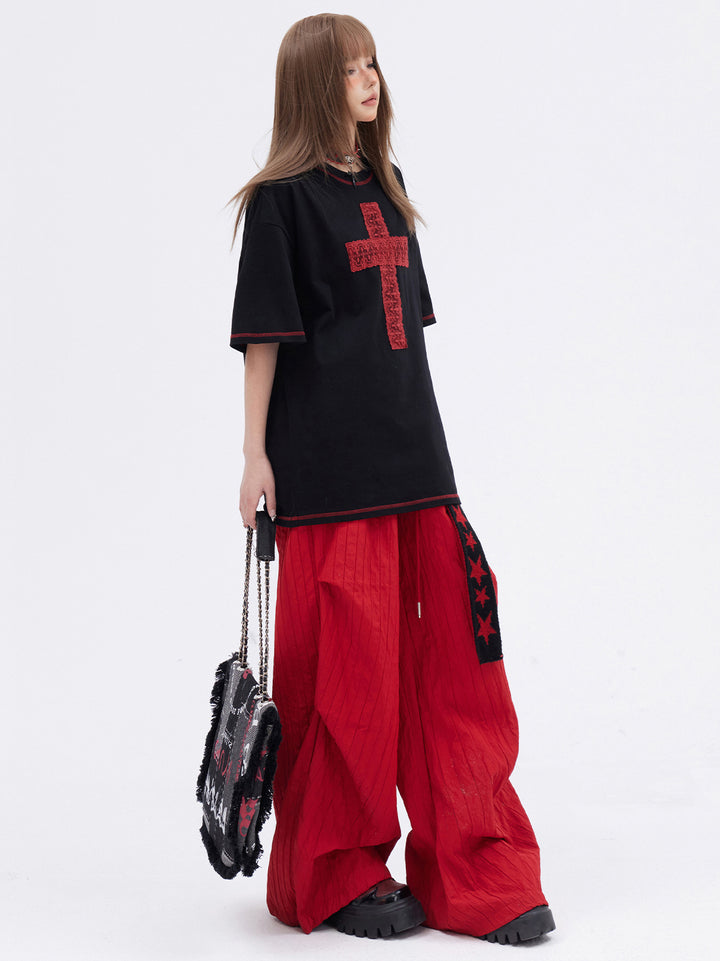 Cross Print Black Cotton Loose Fit T-shirt