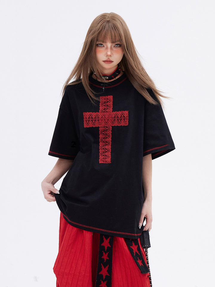 Cross Print Black Cotton Loose Fit T-shirt