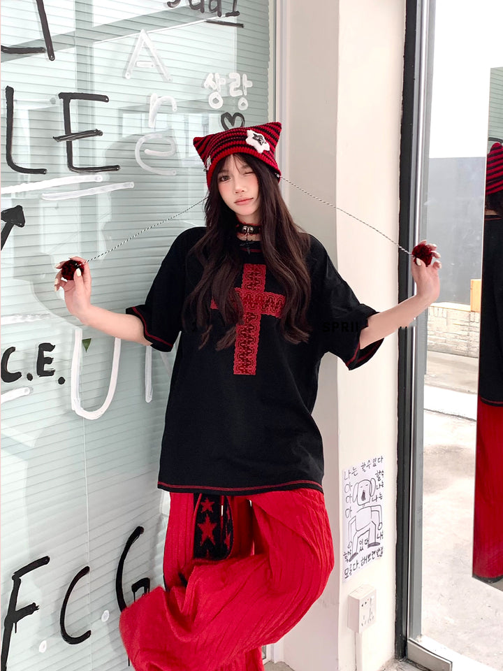 Cross Print Black Cotton Loose Fit T-shirt