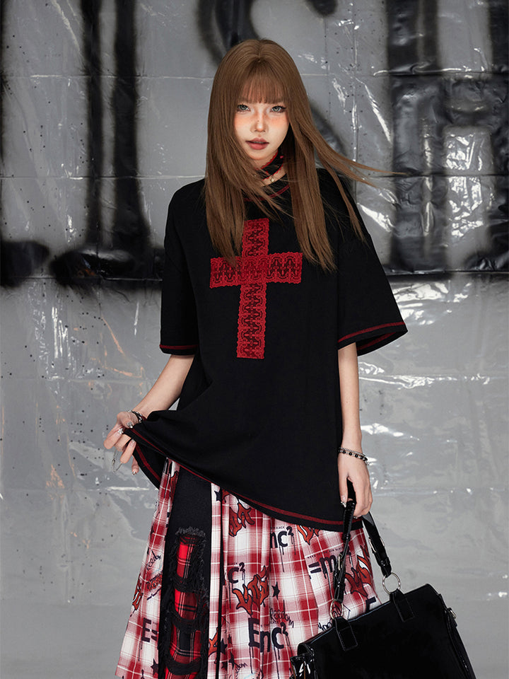 Cross Print Black Cotton Loose Fit T-shirt
