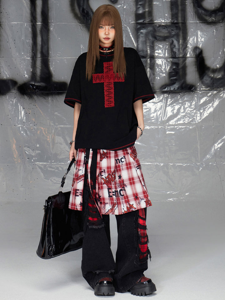 Cross Print Black Cotton Loose Fit T-shirt