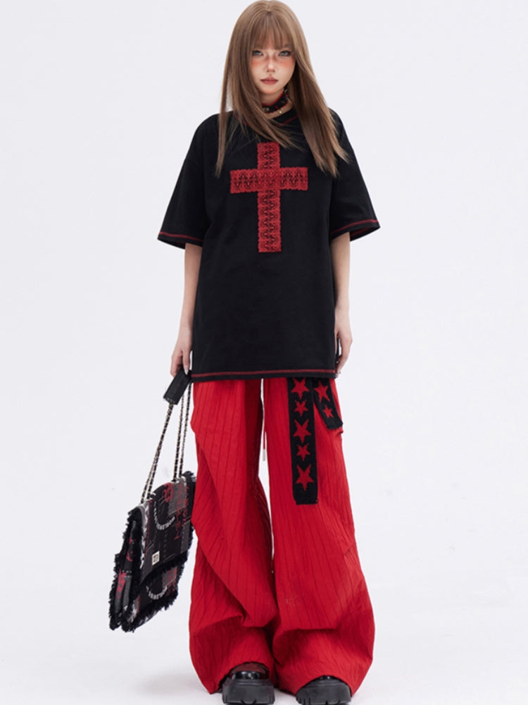 Cross Print Black Cotton Loose Fit T-shirt