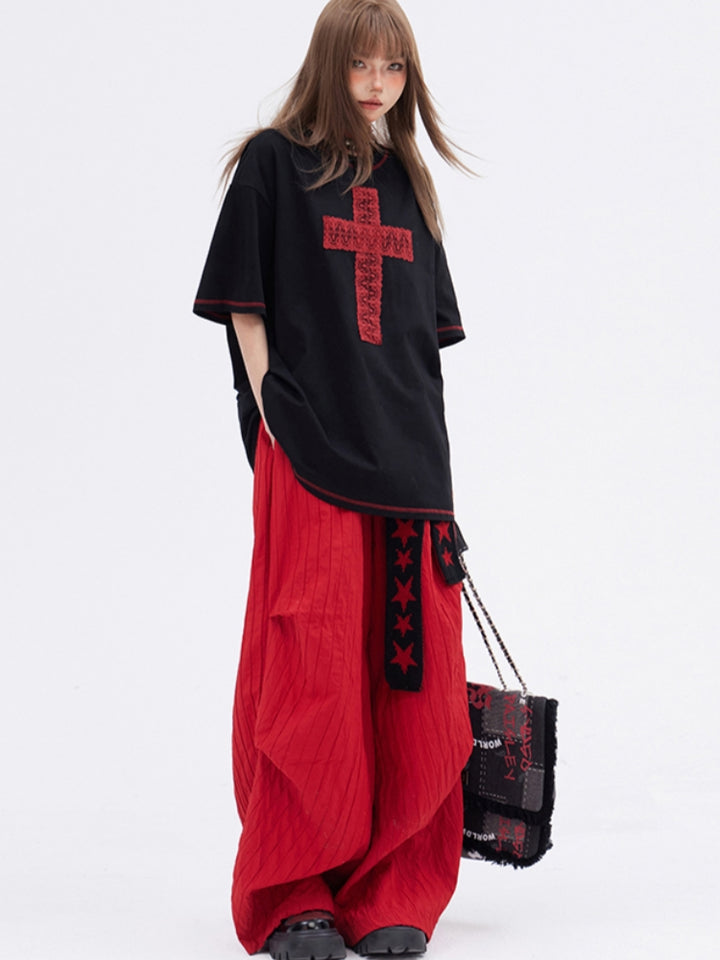 Cross Print Black Cotton Loose Fit T-shirt