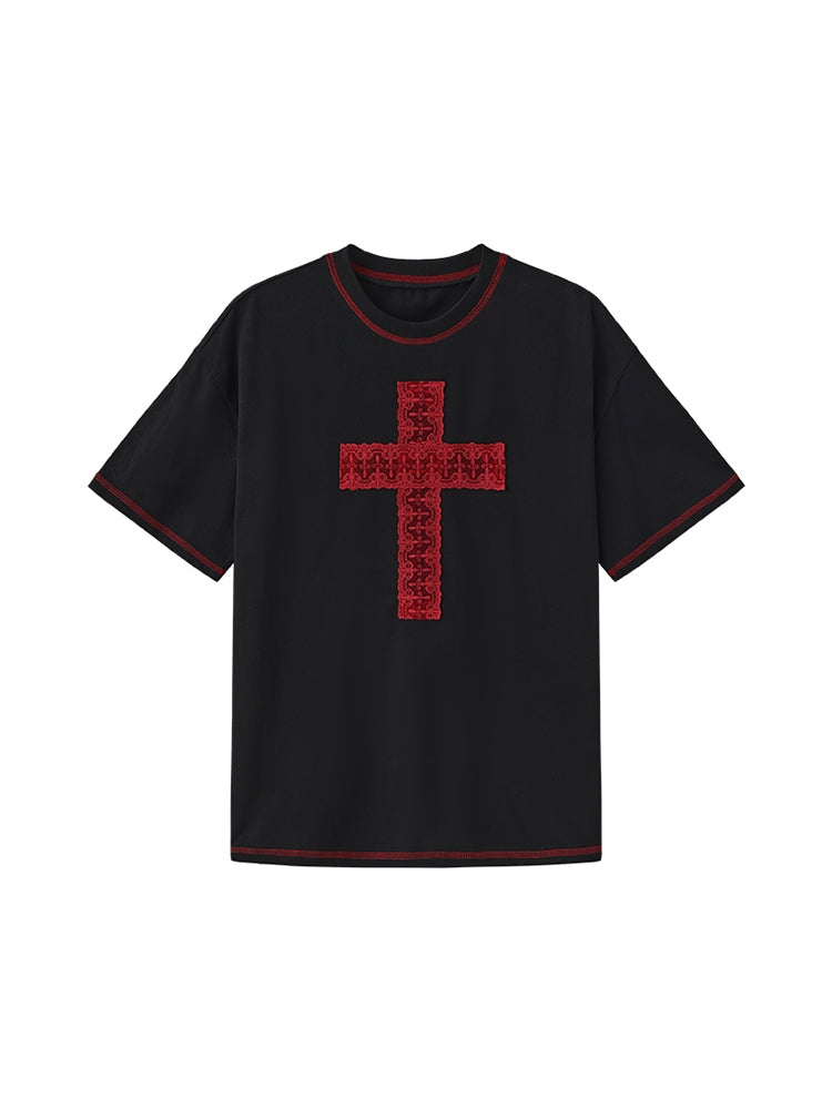 Cross Print Black Cotton Loose Fit T-shirt
