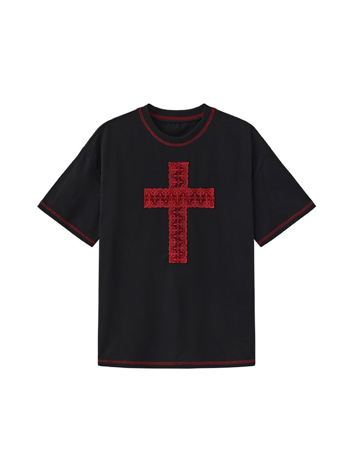 Cross Print Black Cotton Loose Fit T-shirt