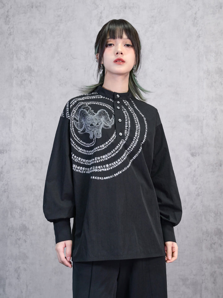 "Immortal Legend" Chinese Style Printed Loose Slimming Black Top