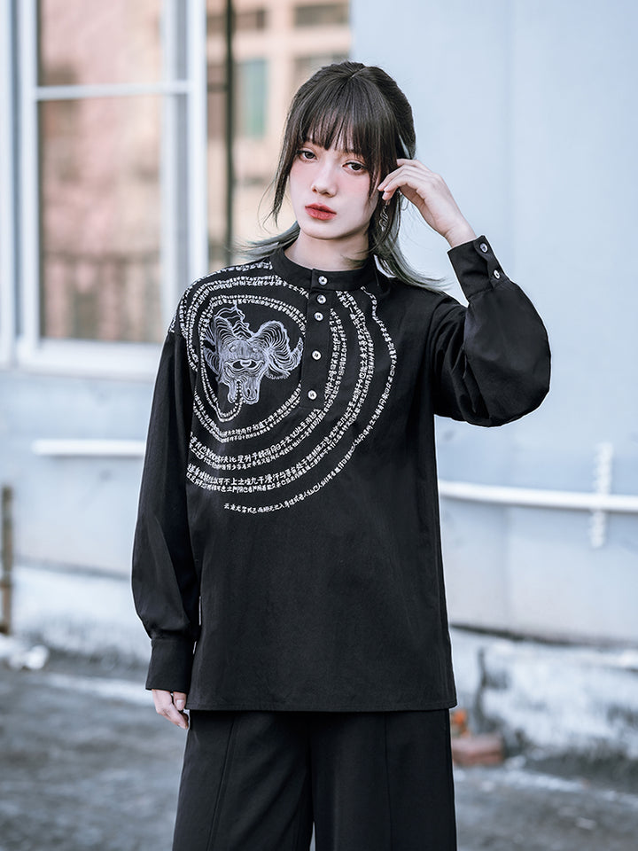 "Immortal Legend" Chinese Style Printed Loose Slimming Black Top