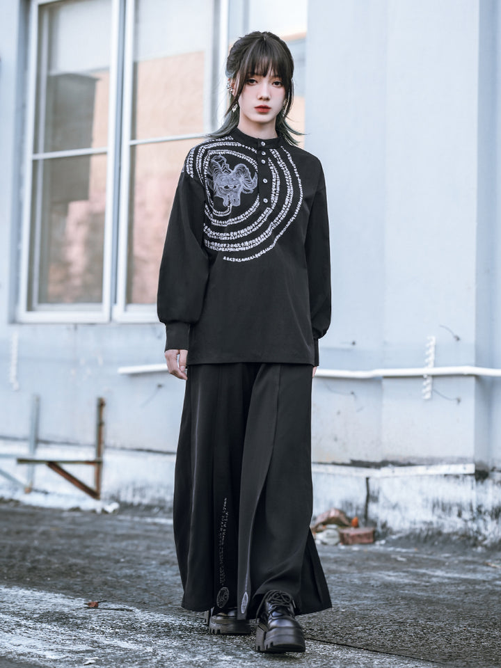 "Immortal Legend" Chinese Style Printed Loose Slimming Black Top