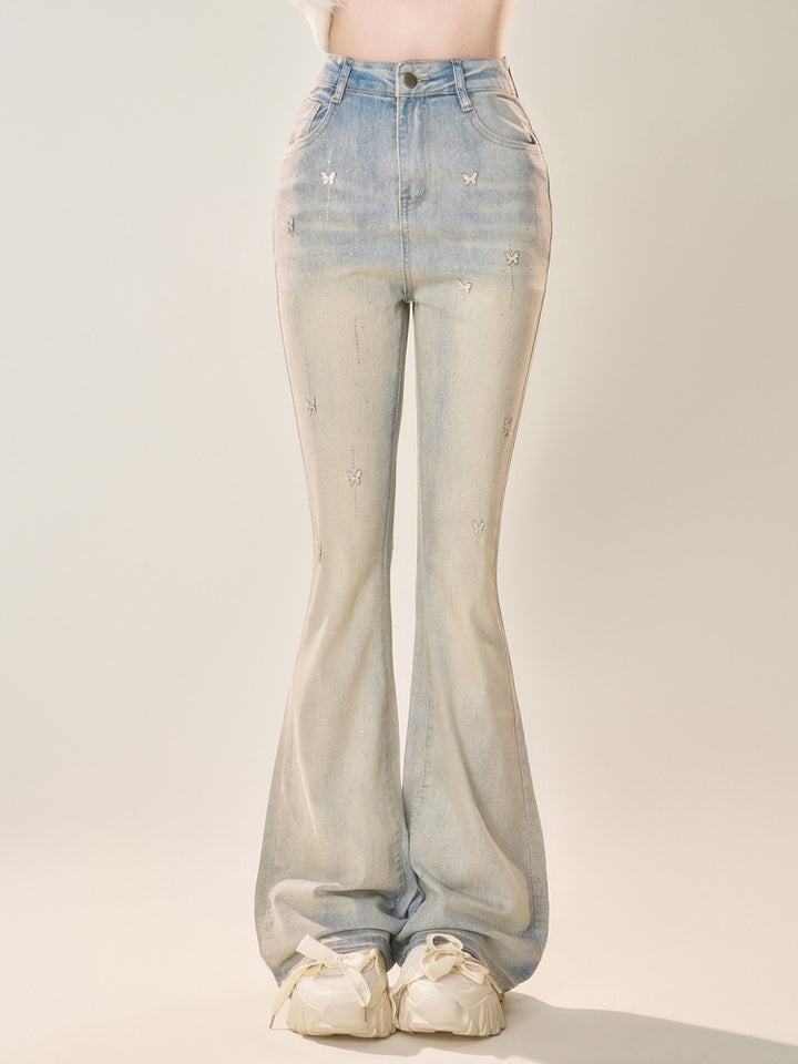American-Style Slim Fit Light-Wash Flared Jeans with Butterfly Decorations