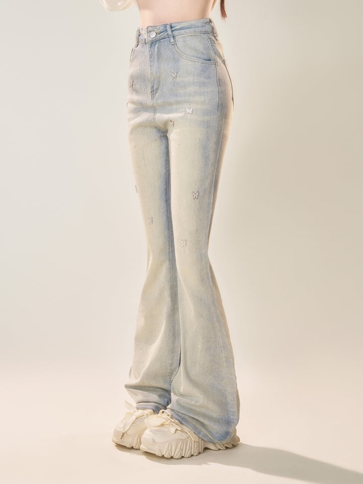 American-Style Slim Fit Light-Wash Flared Jeans with Butterfly Decorations