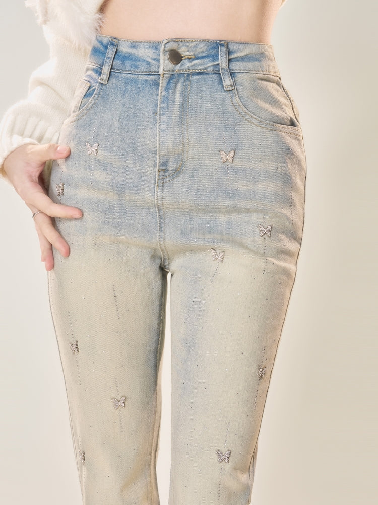 American-Style Slim Fit Light-Wash Flared Jeans with Butterfly Decorations