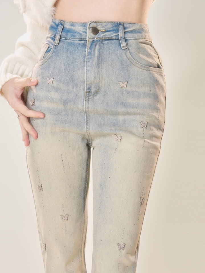 American-Style Slim Fit Light-Wash Flared Jeans with Butterfly Decorations