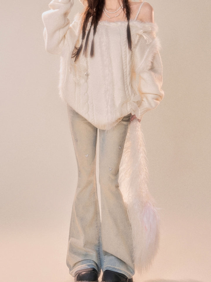 American-Style Slim Fit Light-Wash Flared Jeans with Butterfly Decorations
