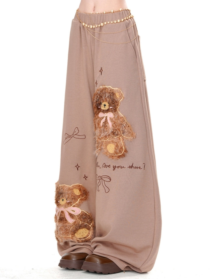 Korean-Style Bear Embroidery Lazy Fit Wide-Leg Pants