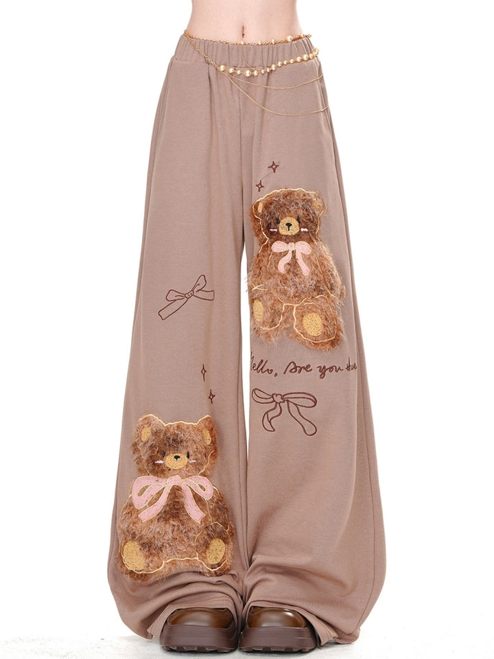 Korean-Style Bear Embroidery Lazy Fit Wide-Leg Pants