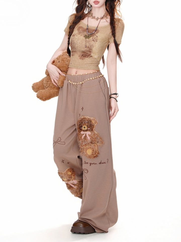 Korean-Style Bear Embroidery Lazy Fit Wide-Leg Pants
