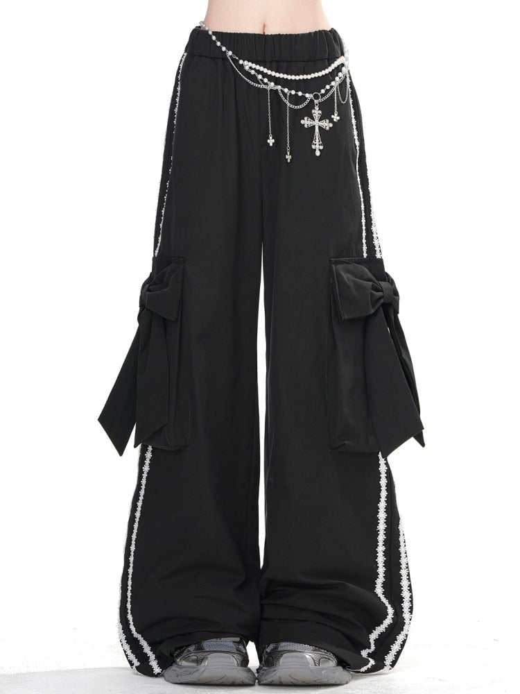 Black High-Street Cool Style Wide-Leg Straight Cargo Pants
