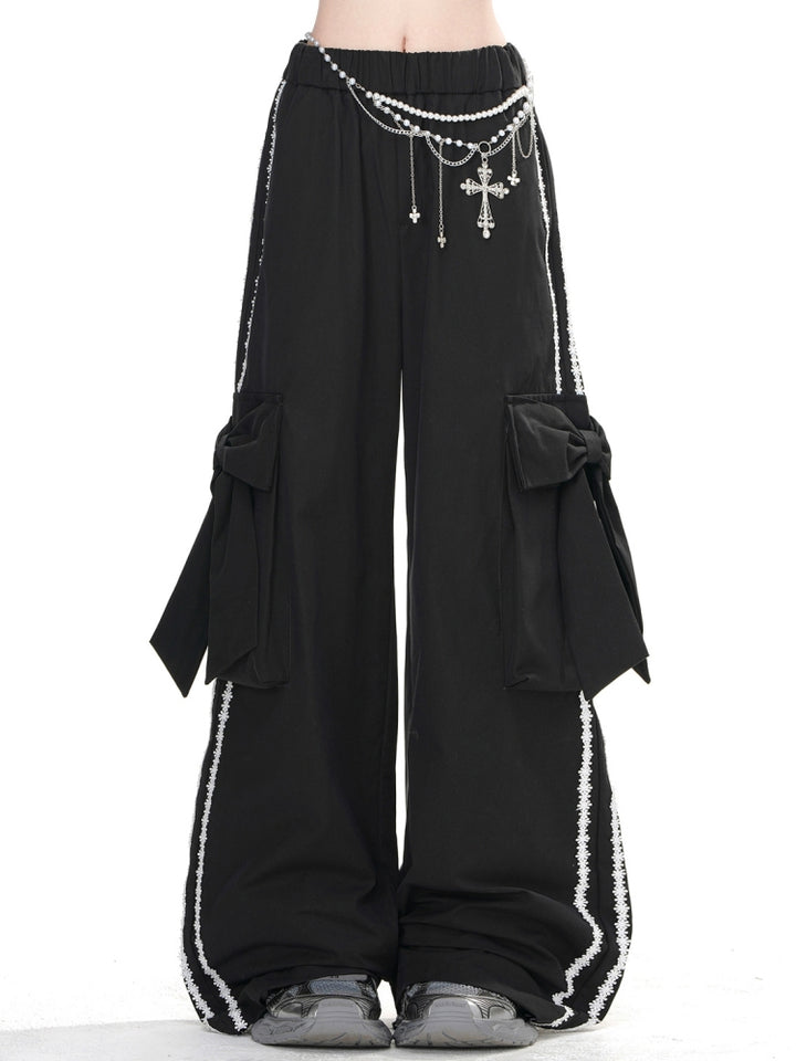 Black High-Street Cool Style Wide-Leg Straight Cargo Pants