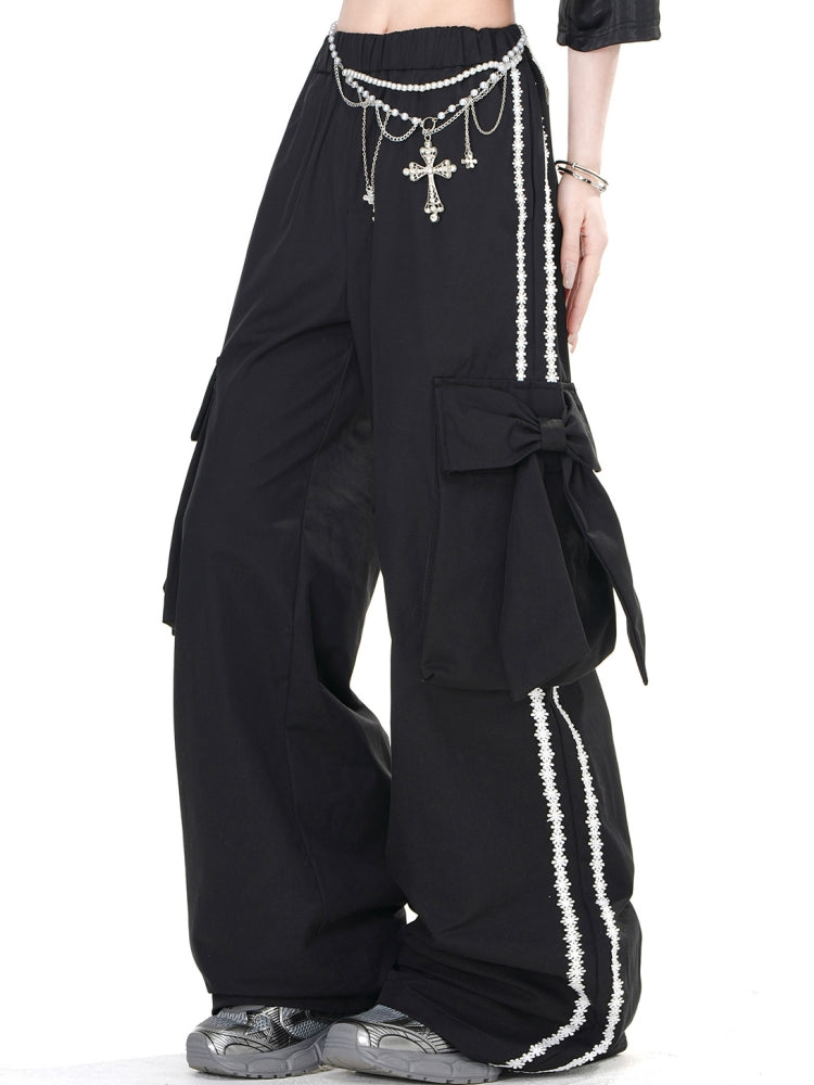 Black High-Street Cool Style Wide-Leg Straight Cargo Pants