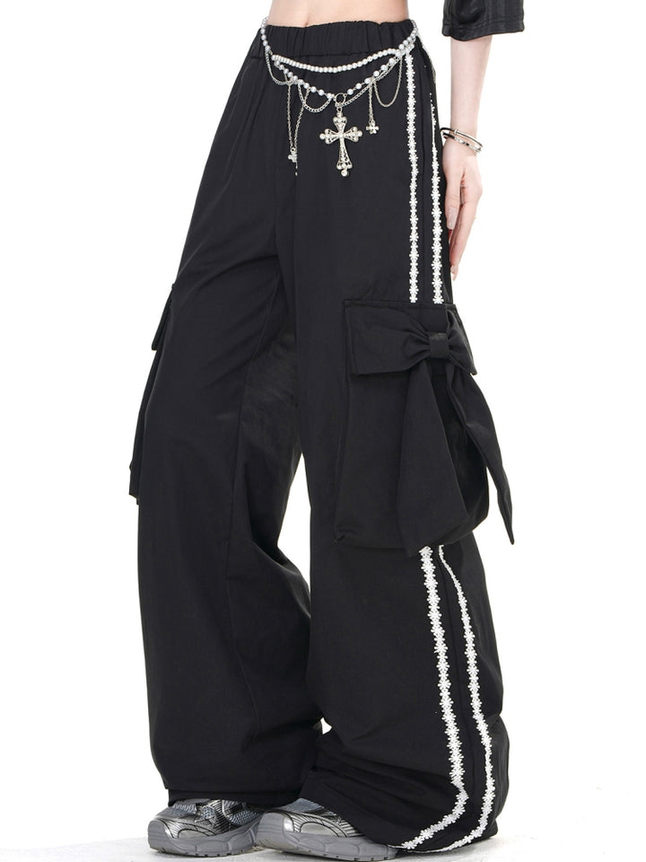 Black High-Street Cool Style Wide-Leg Straight Cargo Pants