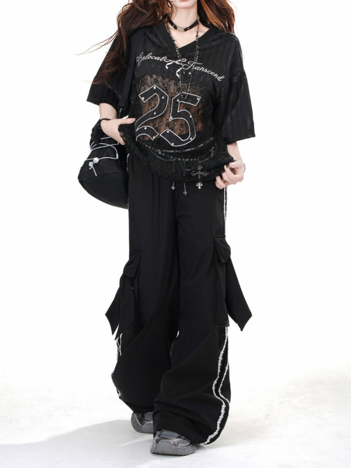 Black High-Street Cool Style Wide-Leg Straight Cargo Pants
