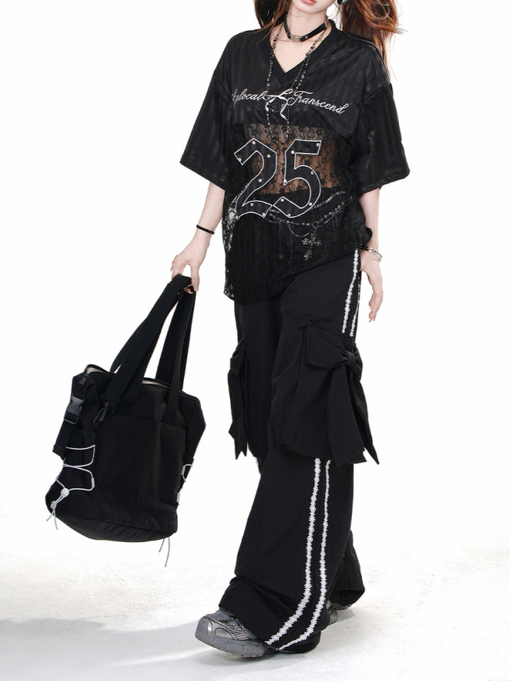Black High-Street Cool Style Wide-Leg Straight Cargo Pants
