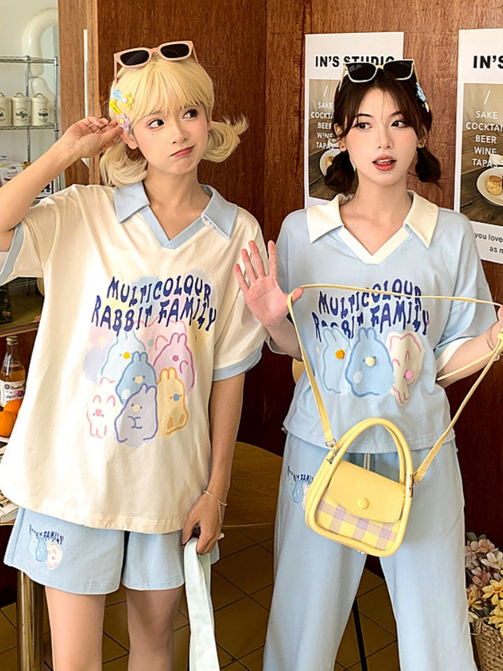 Cartoon Rabbit Print Blue Casual Pants