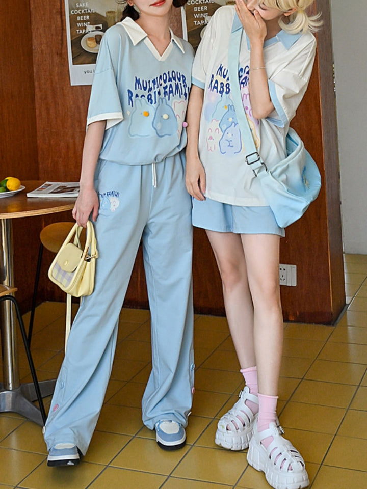 Cartoon Rabbit Print Blue Casual Pants