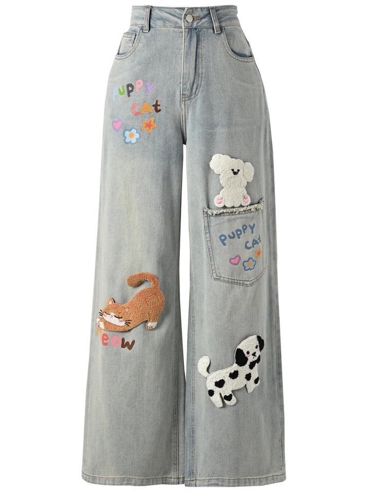 Animal Embroidery Light-Colored High-Waisted Straight-Leg Jeans