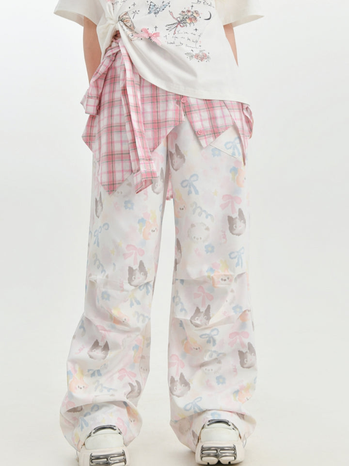 Cat Print Comic-Style Layered Cargo Casual Pants