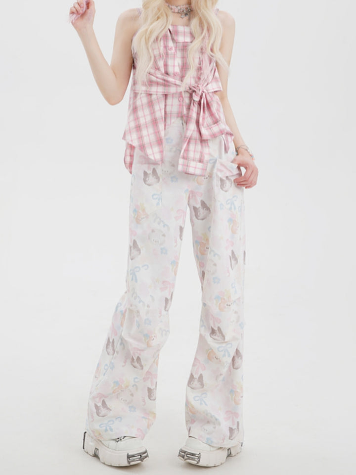 Cat Print Comic-Style Layered Cargo Casual Pants
