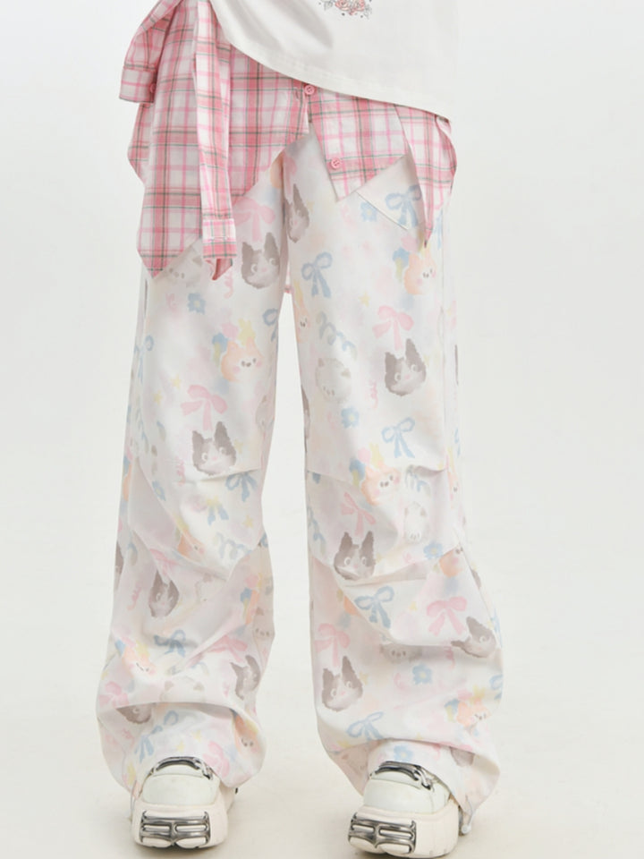 Cat Print Comic-Style Layered Cargo Casual Pants