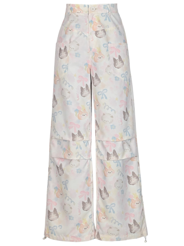 Cat Print Comic-Style Layered Cargo Casual Pants