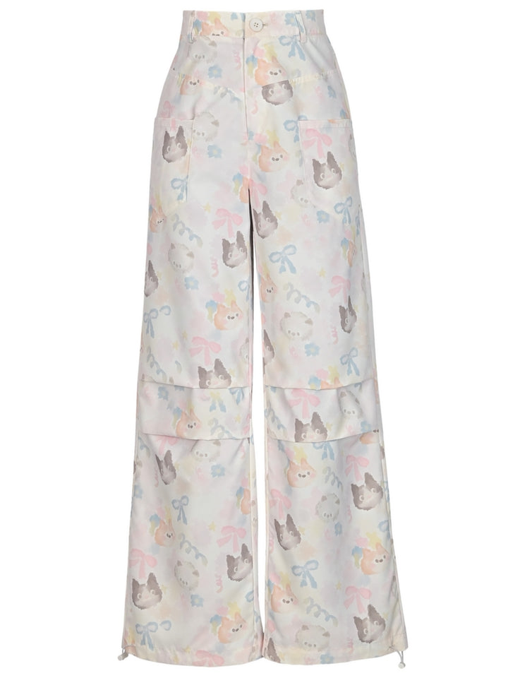 Cat Print Comic-Style Layered Cargo Casual Pants