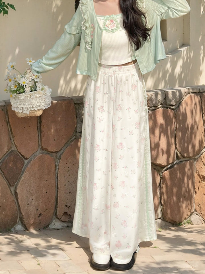 White Floral Summer Casual Pants