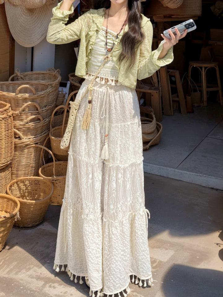 Lace Hollow White Loose Straight-Leg Wide-Leg Casual Pants