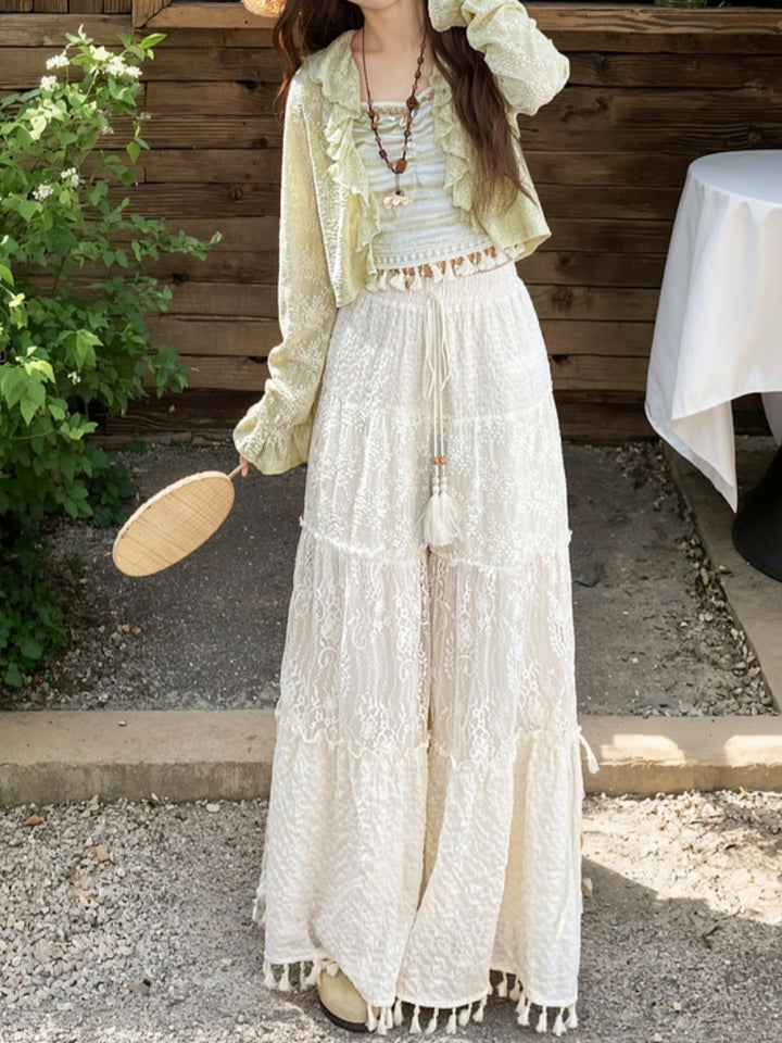Lace Hollow White Loose Straight-Leg Wide-Leg Casual Pants
