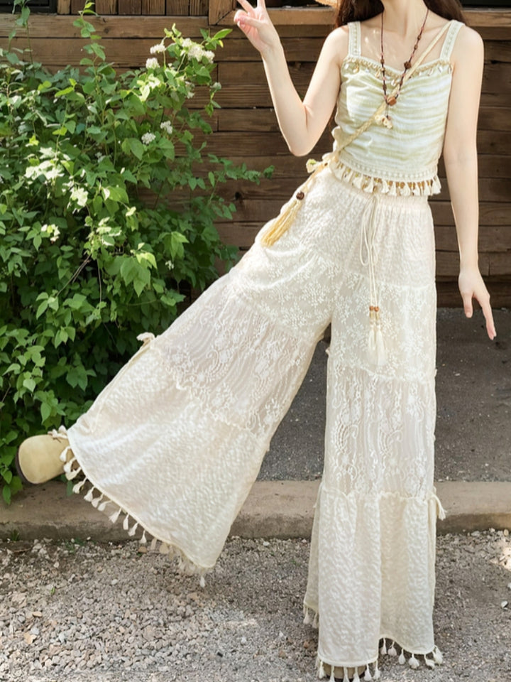 Lace Hollow White Loose Straight-Leg Wide-Leg Casual Pants