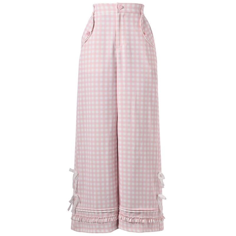 Bowknot Lace Sweet Pink and White Plaid Wide-Leg Pants