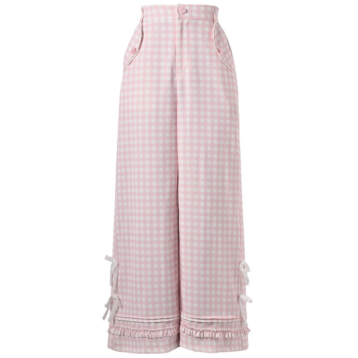 Bowknot Lace Sweet Pink and White Plaid Wide-Leg Pants