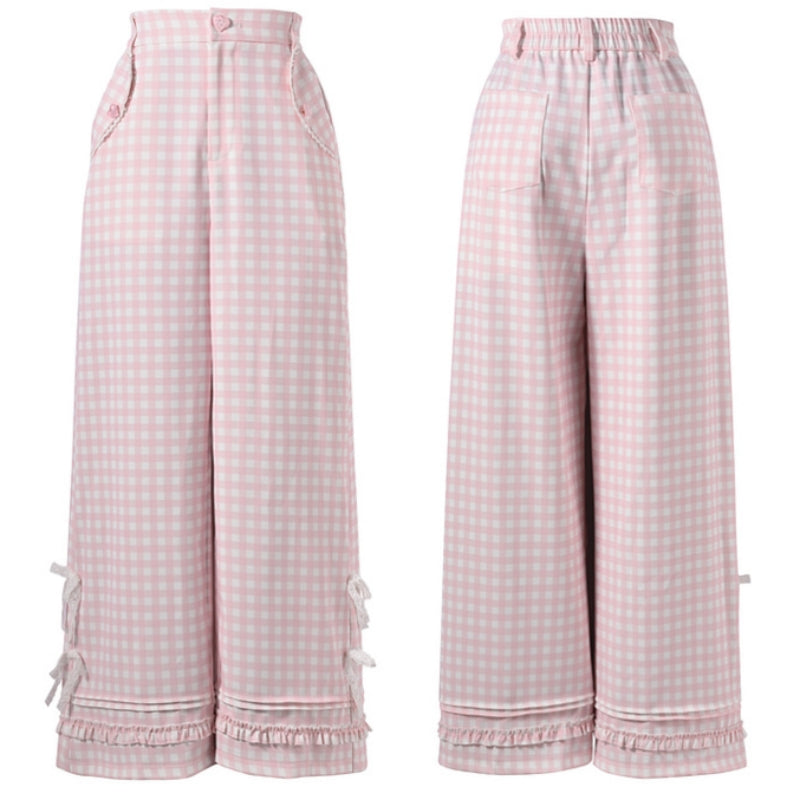 Bowknot Lace Sweet Pink and White Plaid Wide-Leg Pants