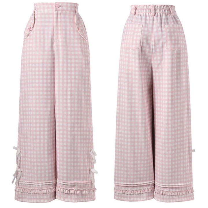 Bowknot Lace Sweet Pink and White Plaid Wide-Leg Pants