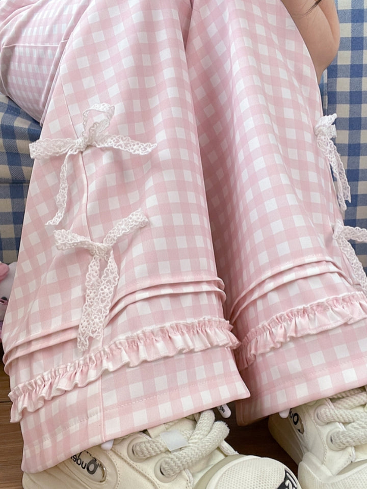 Bowknot Lace Sweet Pink and White Plaid Wide-Leg Pants