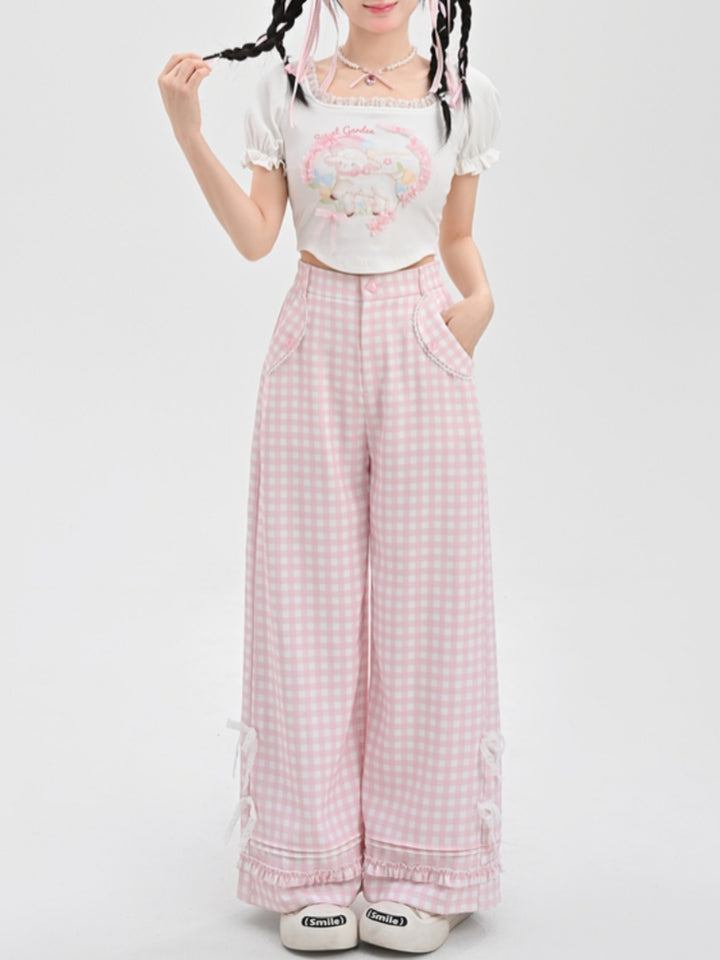 Bowknot Lace Sweet Pink and White Plaid Wide-Leg Pants