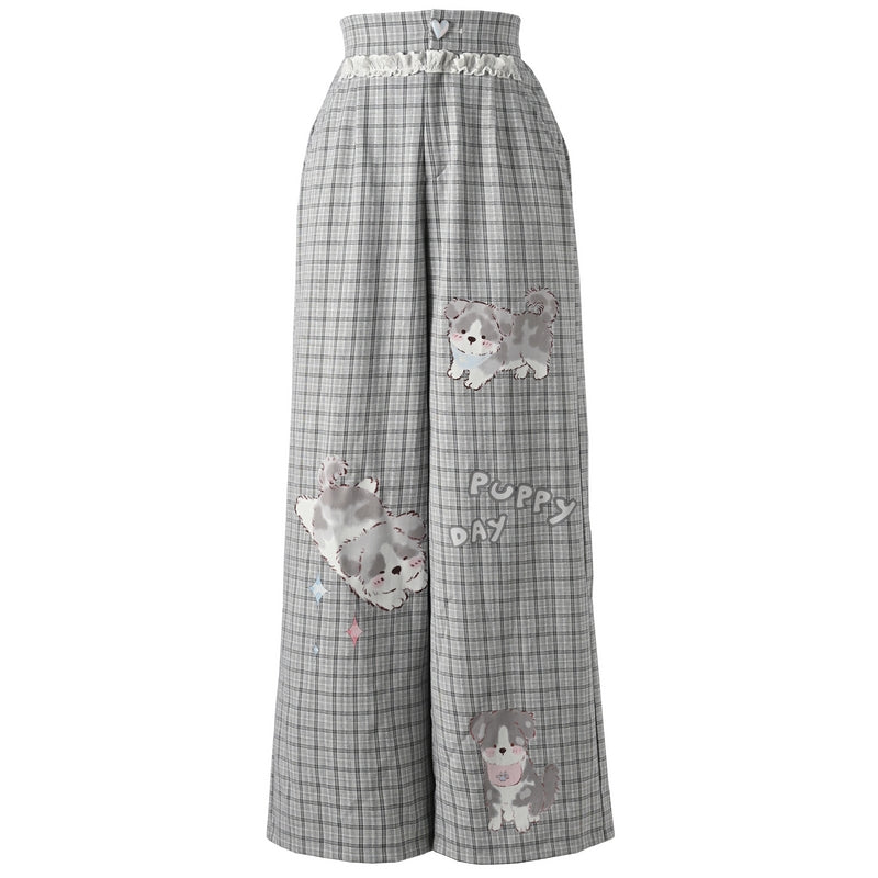 Cute Puppy Print Gray Plaid Pants