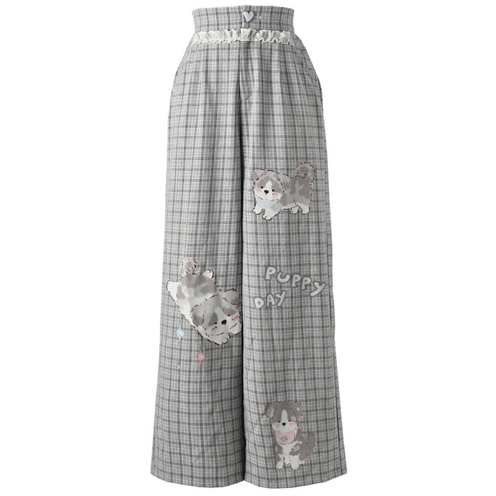 Cute Puppy Print Gray Plaid Pants