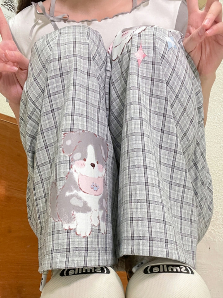 Cute Puppy Print Gray Plaid Pants